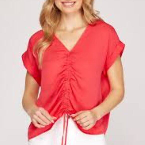 26 SHE & SKY RUCHED PINK  PLUS SIZE BLOUSE - Picture 1 of 7